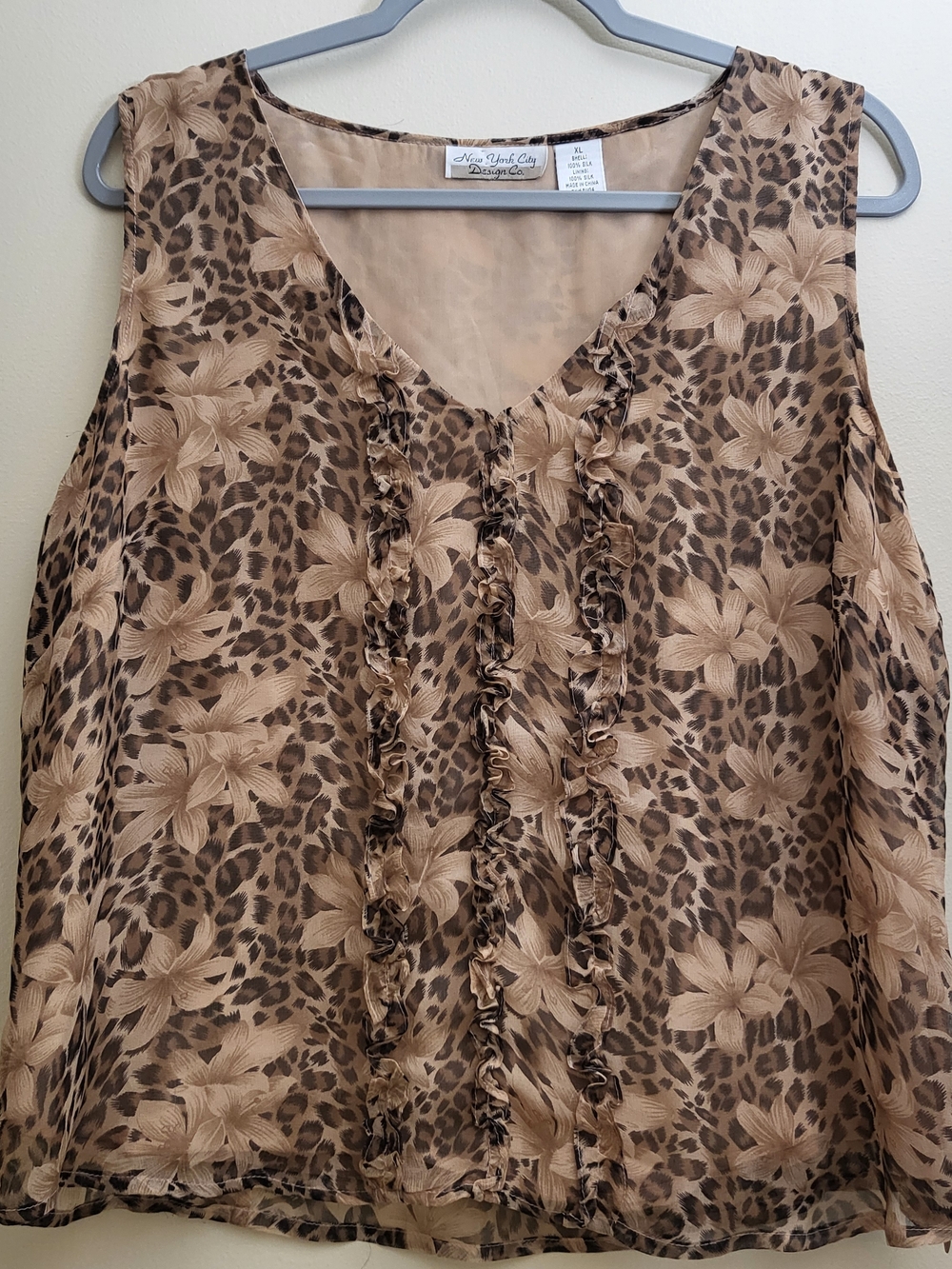 NYC Design Co. 100% Silk XL Brown Tan Black Floral Leopard Print Sleeveless Top
